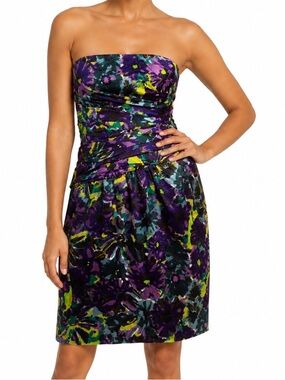 BCBGMAXAZRIA Strapless Floral Cocktail‎ Dress Size 4 Green Ruched Party Dress